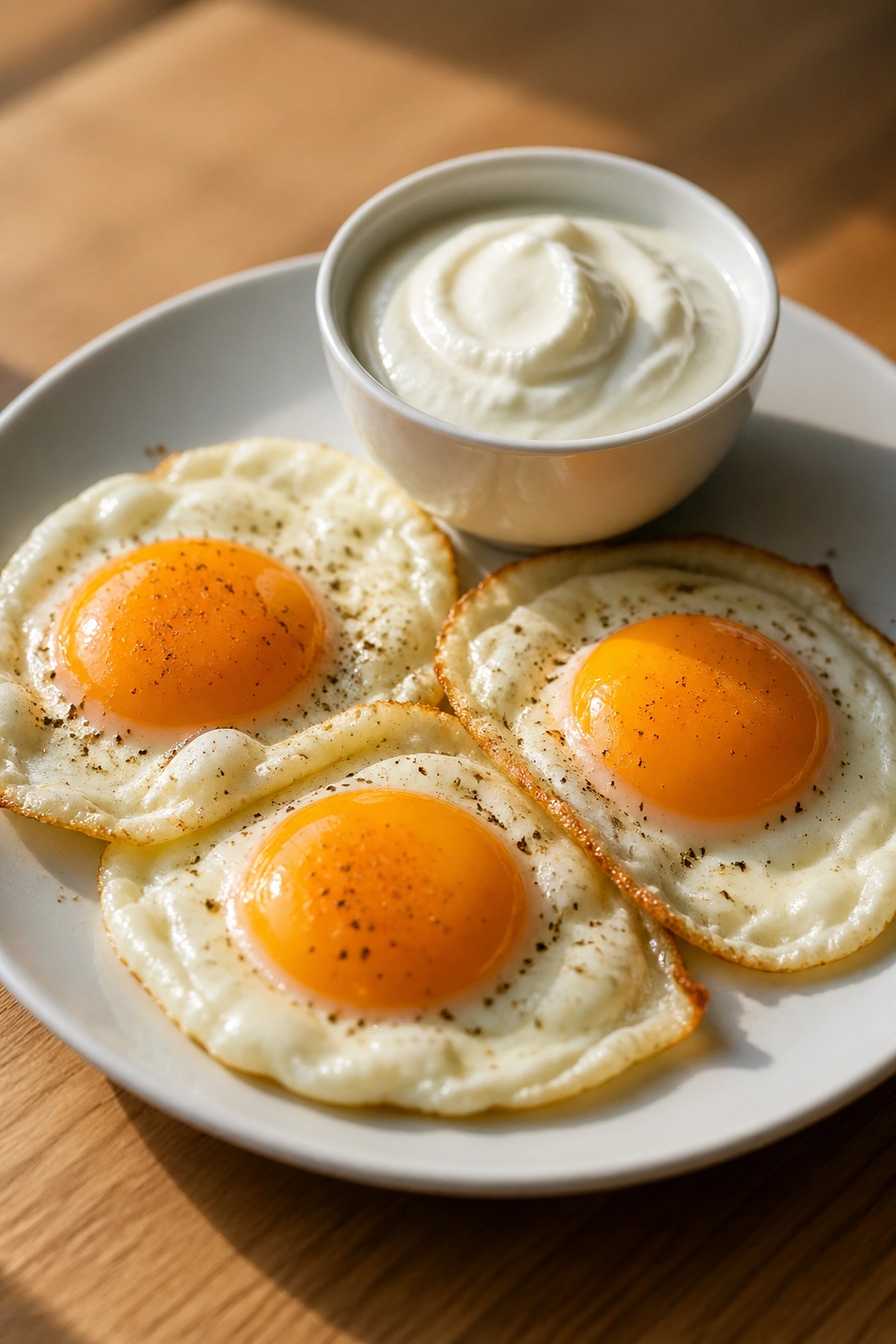 Close-up of a protein-forward breakfast plate featuring eggs and Greek yogurt on a wooden table