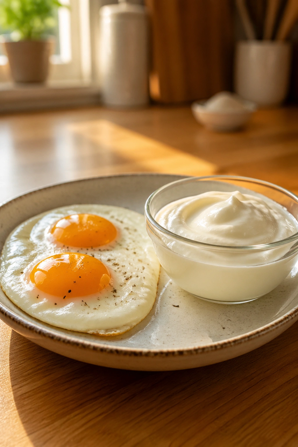 Close-up of a protein-rich breakfast with eggs and Greek yogurt on a wooden kitchen counter