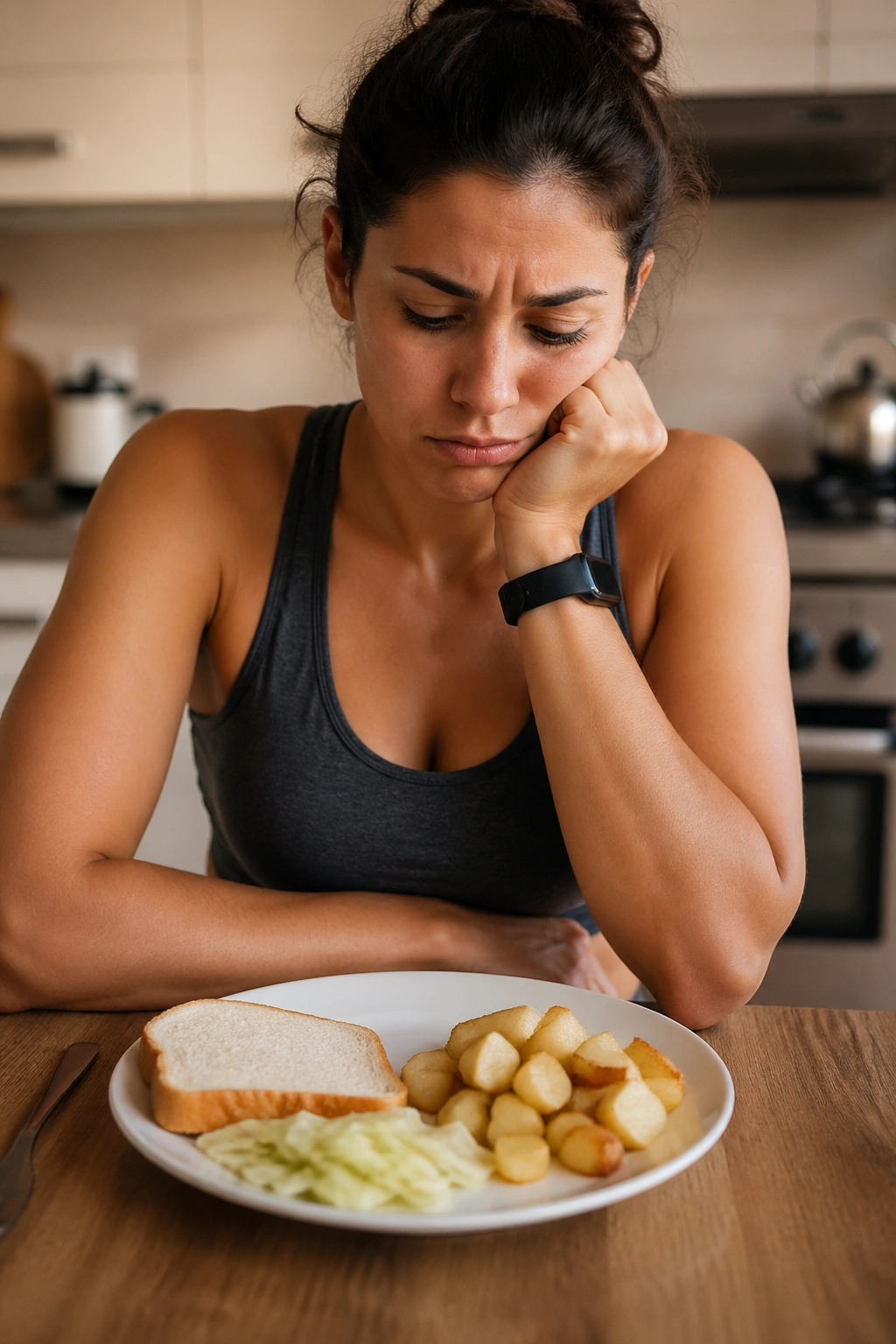 Real person at dining table with a plate low in protein and fiber