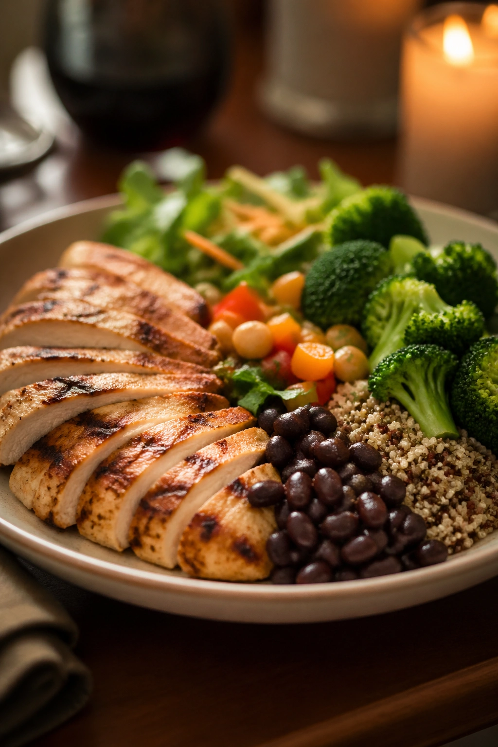 Plate featuring protein and fiber-rich foods dominates the frame