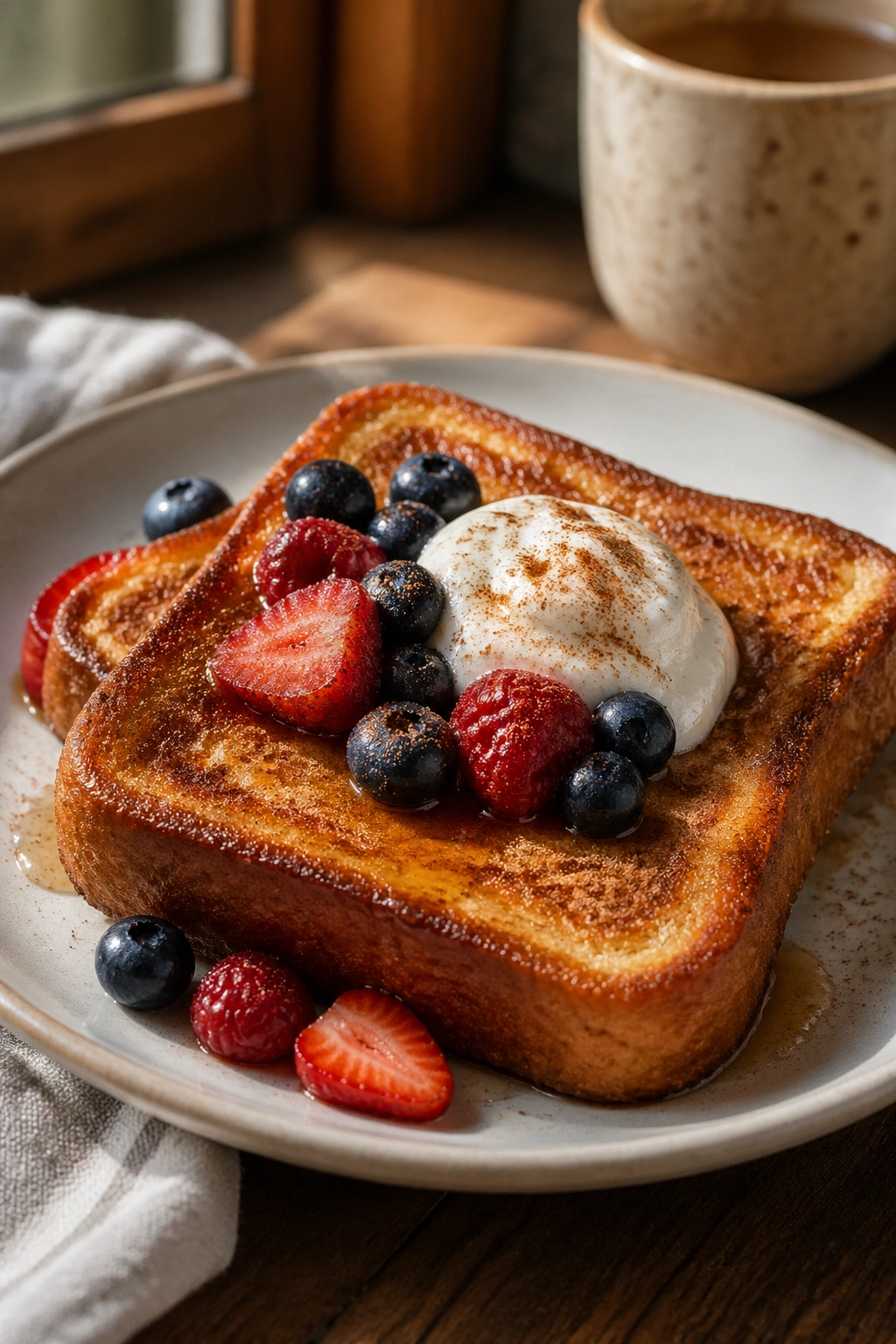 Close-up of protein French toast with skyr and berries on a plate