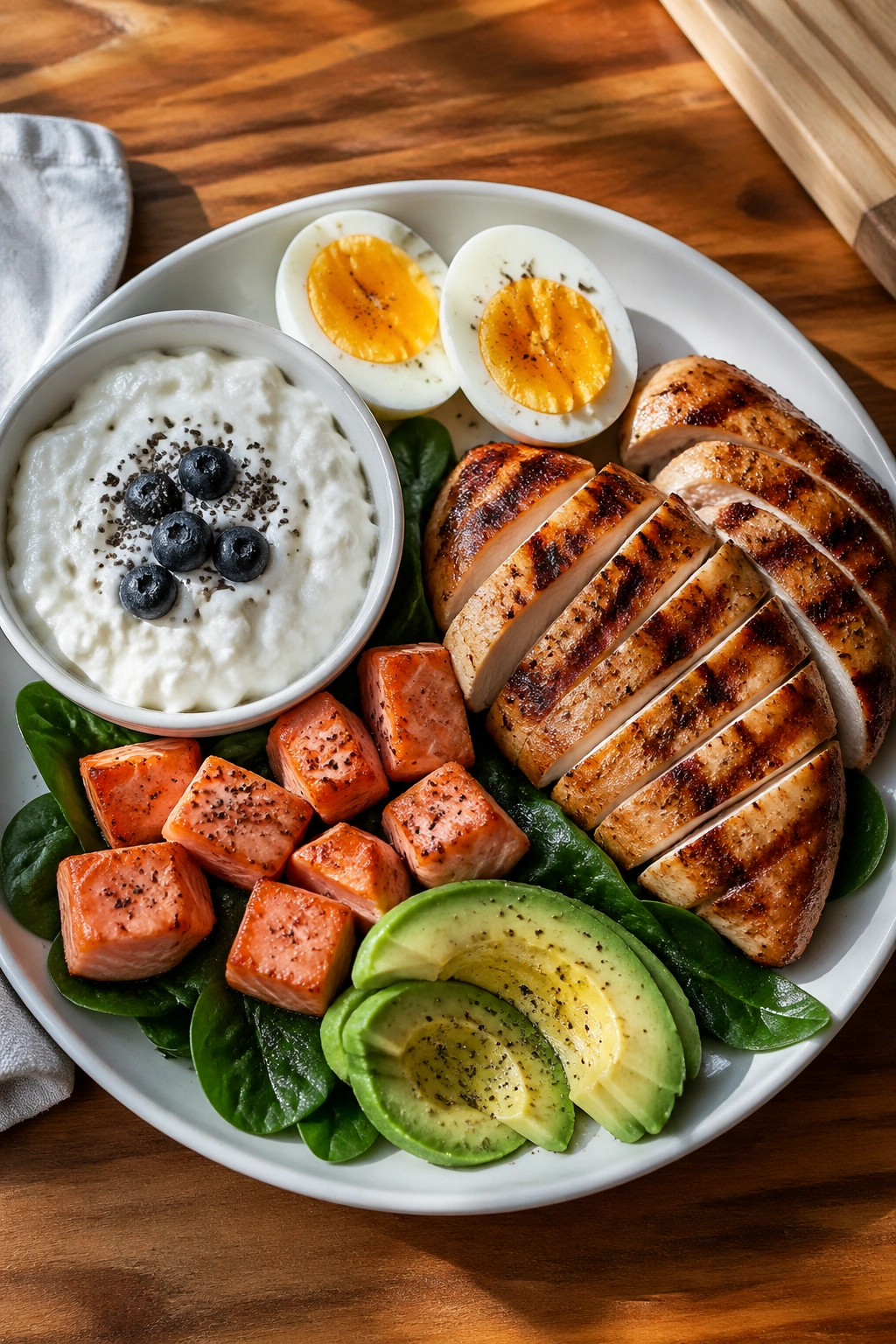Top-down plate with high-protein foods to illustrate protein at every meal.