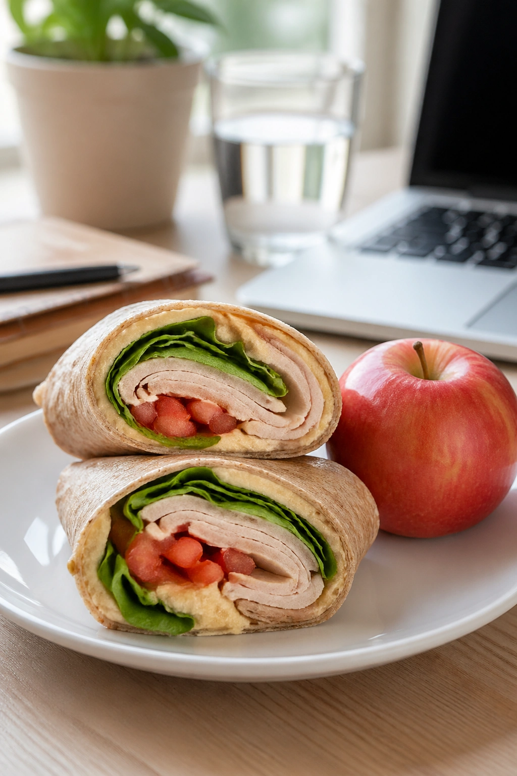 Close-up of a turkey wrap lunch with greens and an apple on a plate