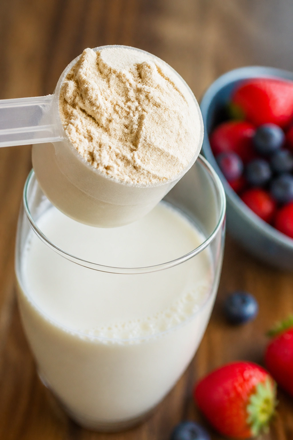 Protein powder scoop above milk with berries on a wooden counter