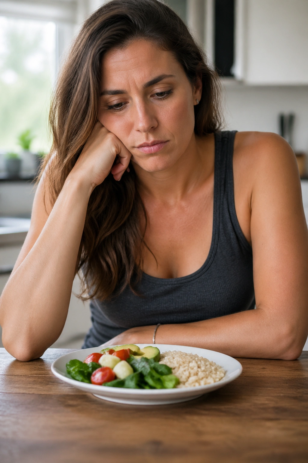 Close-up of a woman in a bright kitchen highlighting insufficient protein intake.