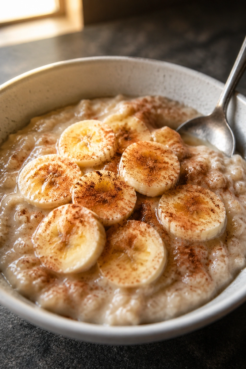 Oatmeal with banana and cinnamon in a bowl on a kitchen counter