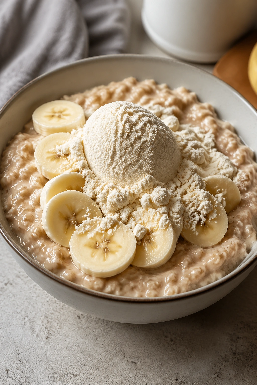 Close-up of protein oatmeal with banana and whey