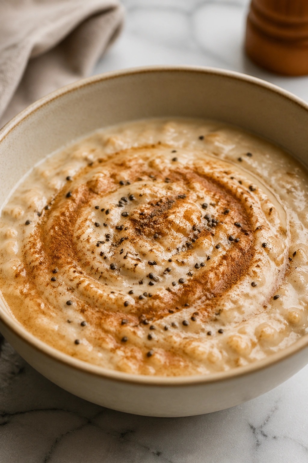 Warm protein oatmeal with cinnamon and chia seeds