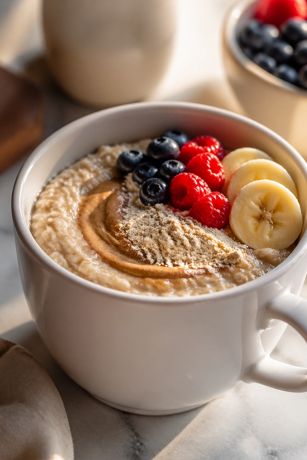 Close-up of protein oatmeal in a plain mug with berries and banana on a kitchen counter