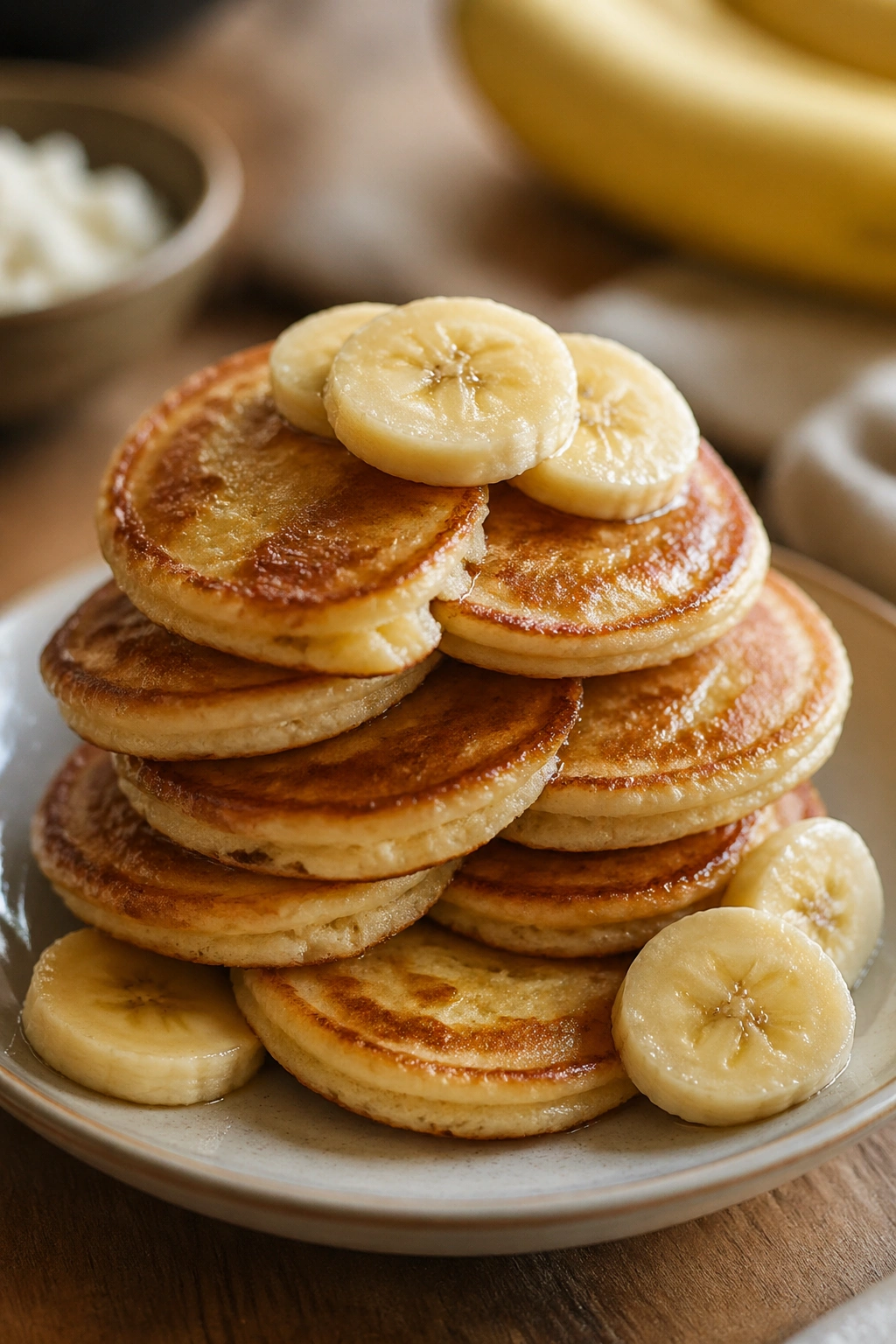 Close-up of Cottage Cheese Banana Pancakes stacked on a plate.