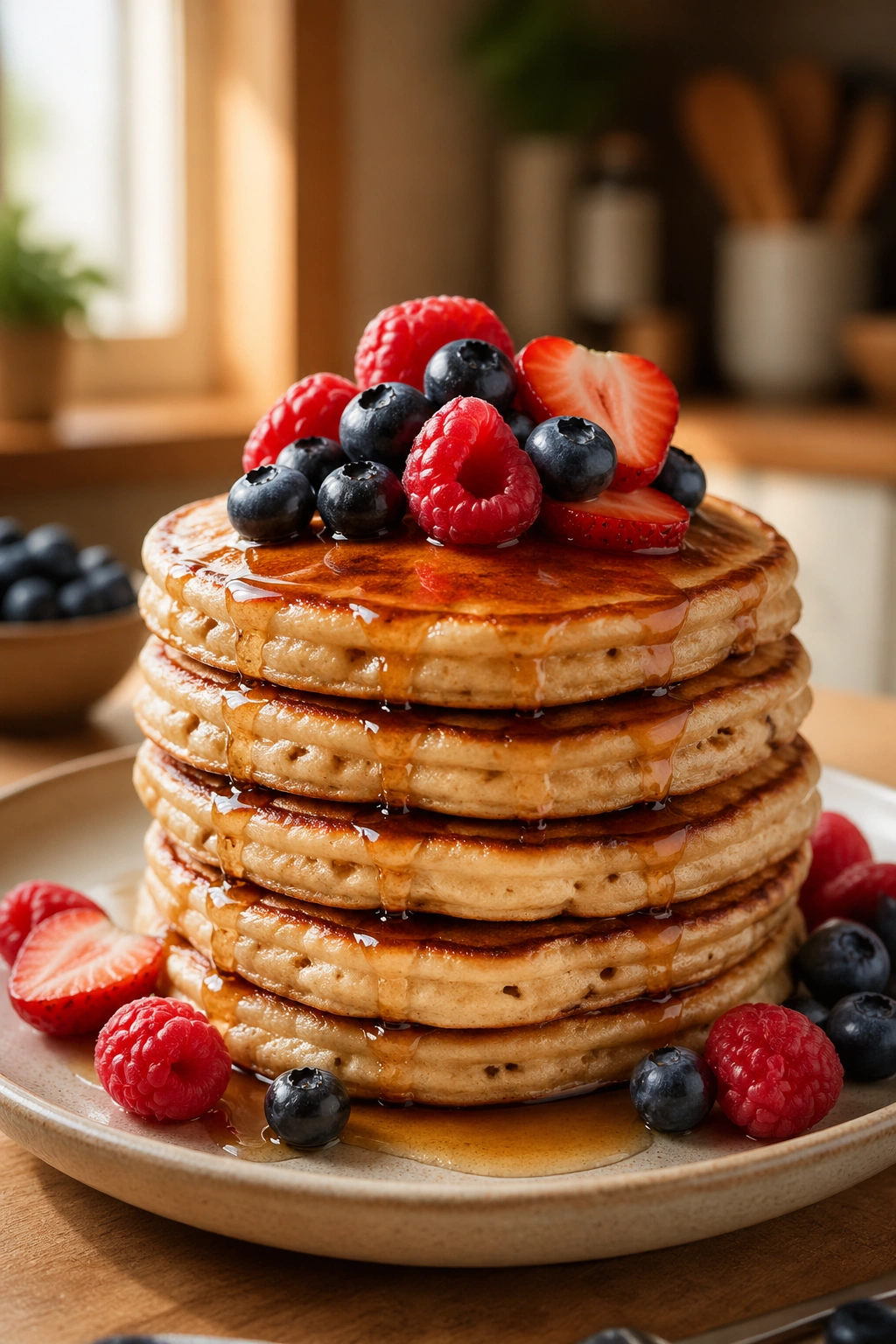 Stack of high-protein pancakes with fruit on a plate