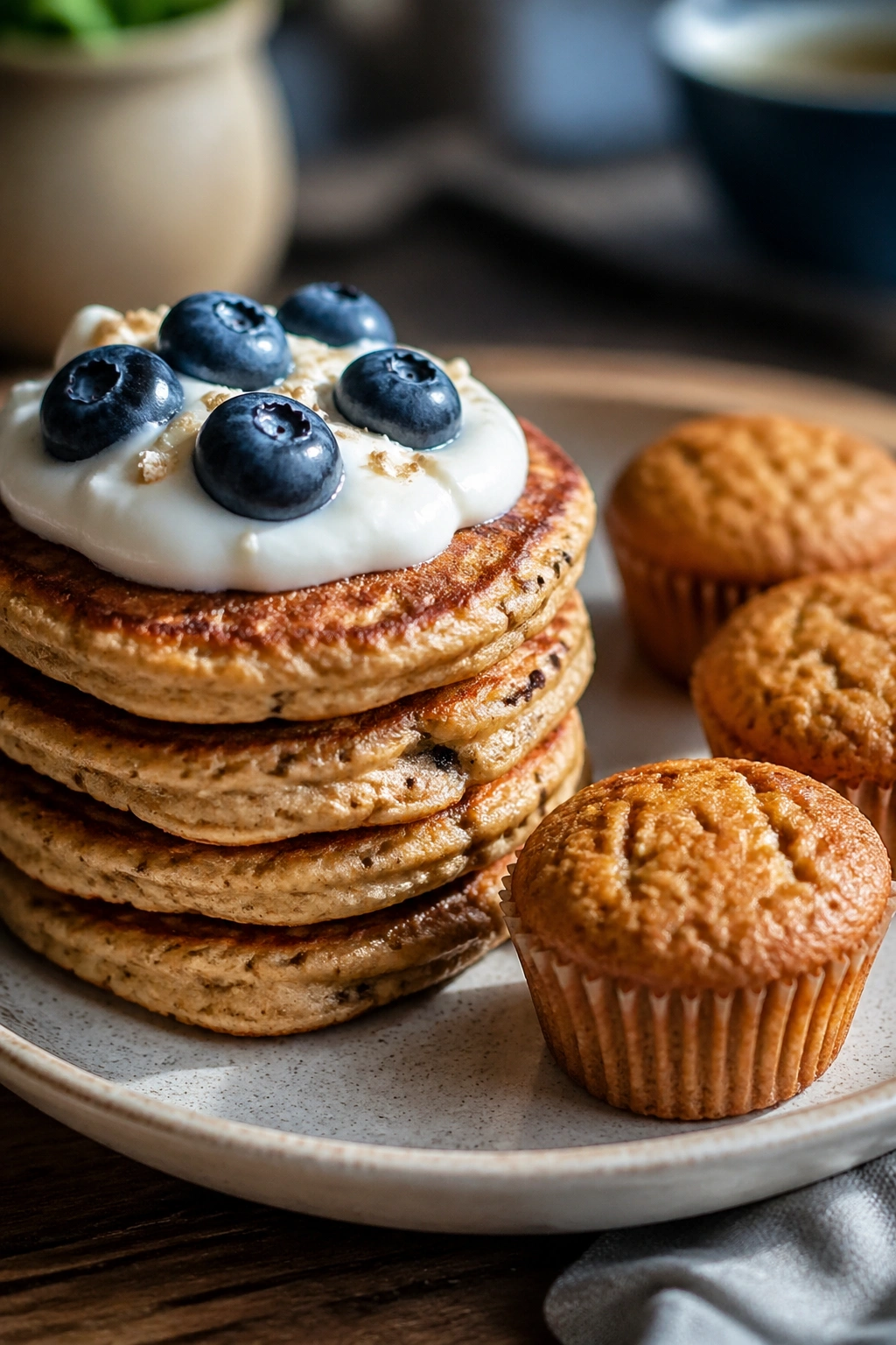 Close-up of protein pancakes with yogurt and mini muffins on plate in cozy breakfast setting