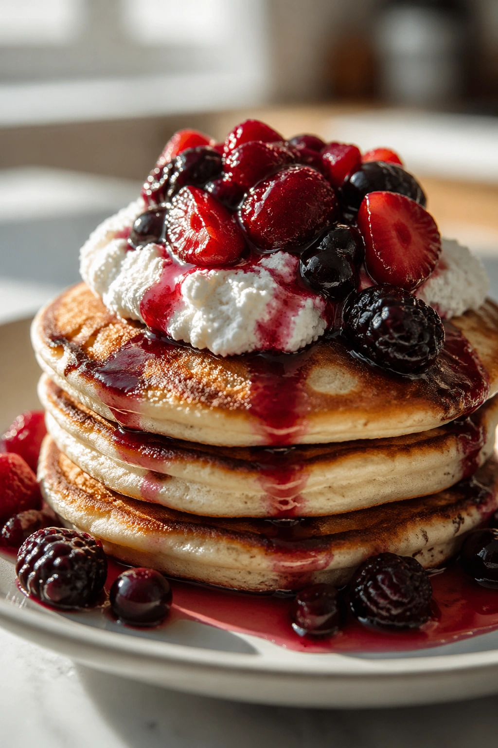 Stack of protein pancakes with ricotta and warm berries