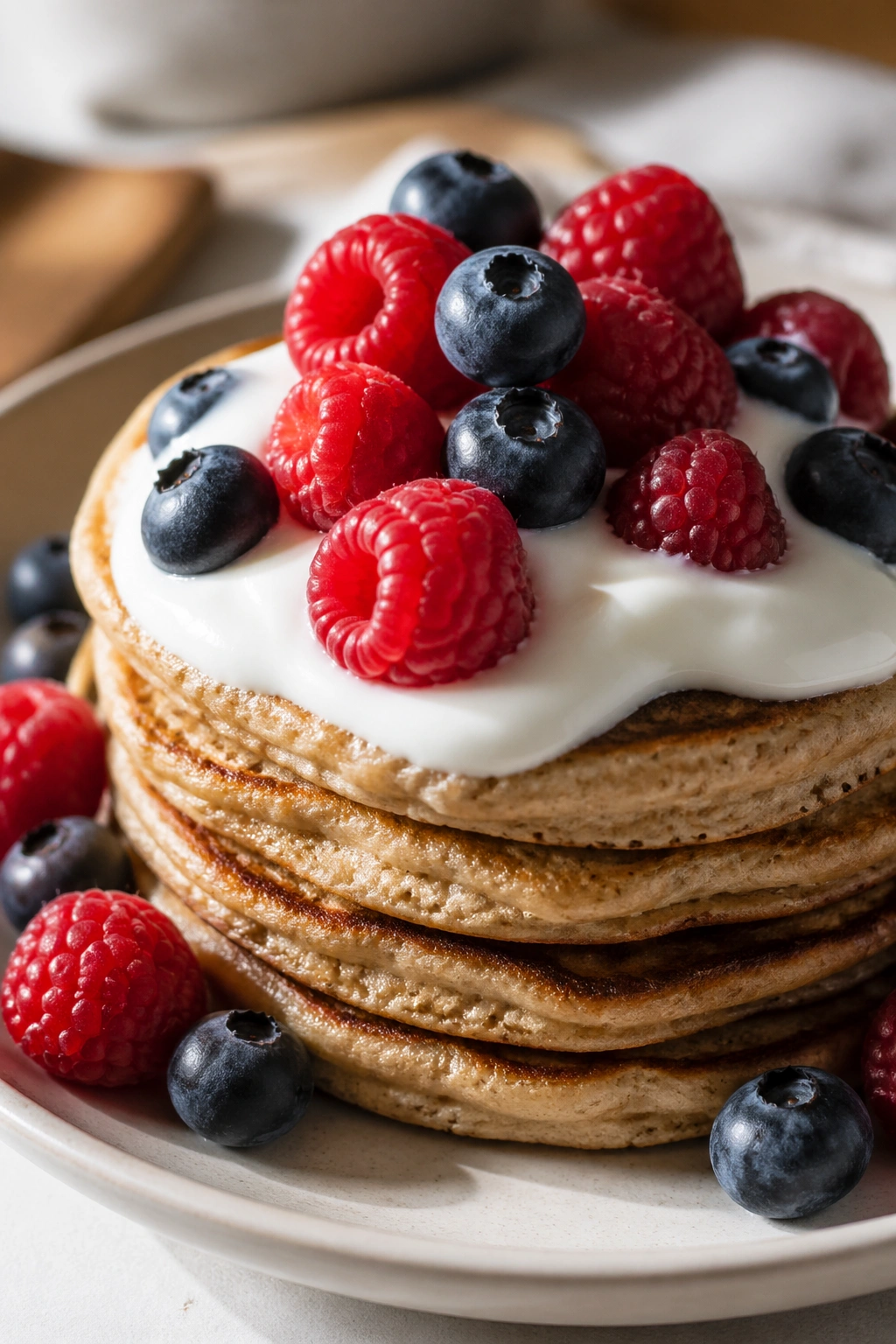 Stack of protein pancakes with yogurt and berries on a plate