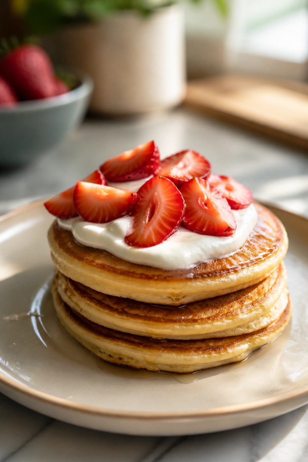 Small stack of protein pancakes with yogurt and strawberries.