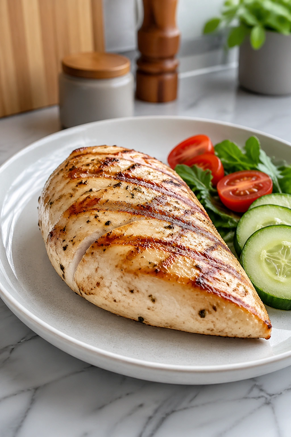 Close-up plate with protein-focused meal (grilled chicken)