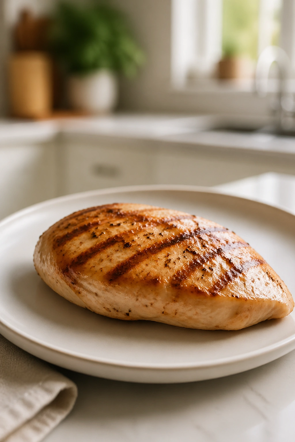 Plate dominated by a protein portion in a clean kitchen to support fullness and muscle during breastfeeding.
