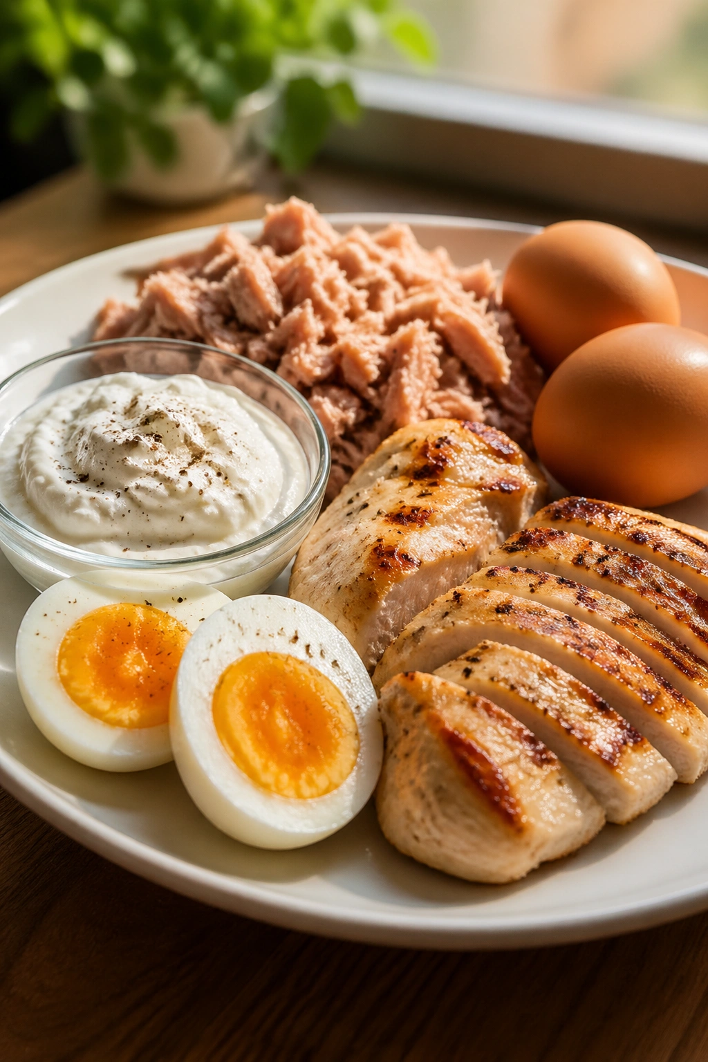 Plate filled with protein-rich foods like eggs, yogurt, and chicken in a kitchen