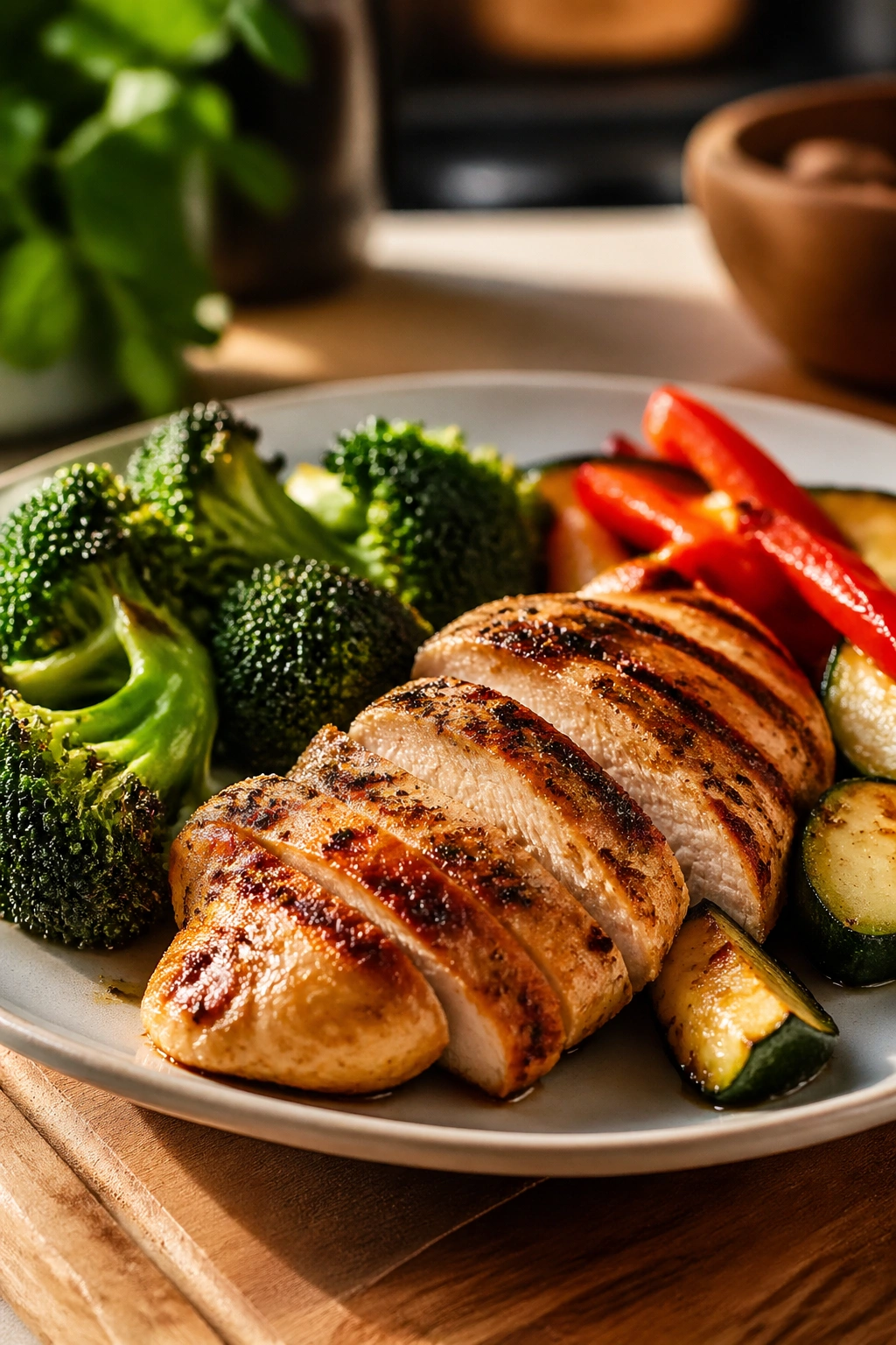 Plate with high-protein meal on a kitchen table
