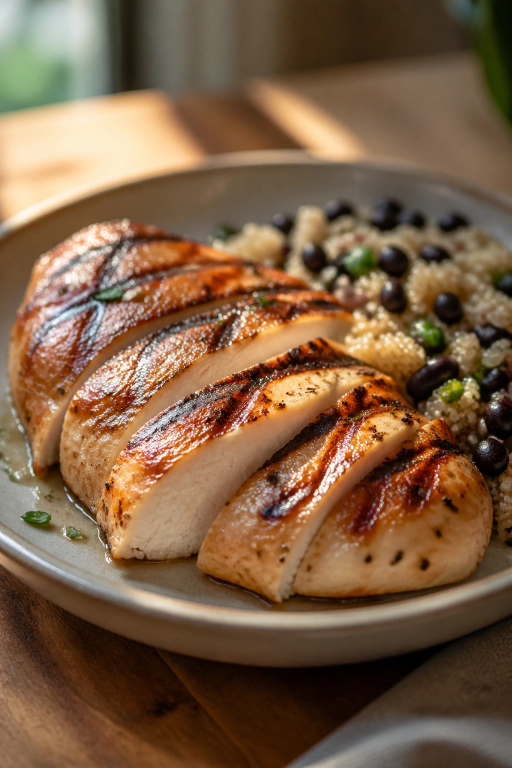 Close-up of a protein-forward plate featuring chicken with quinoa and beans on a wooden table