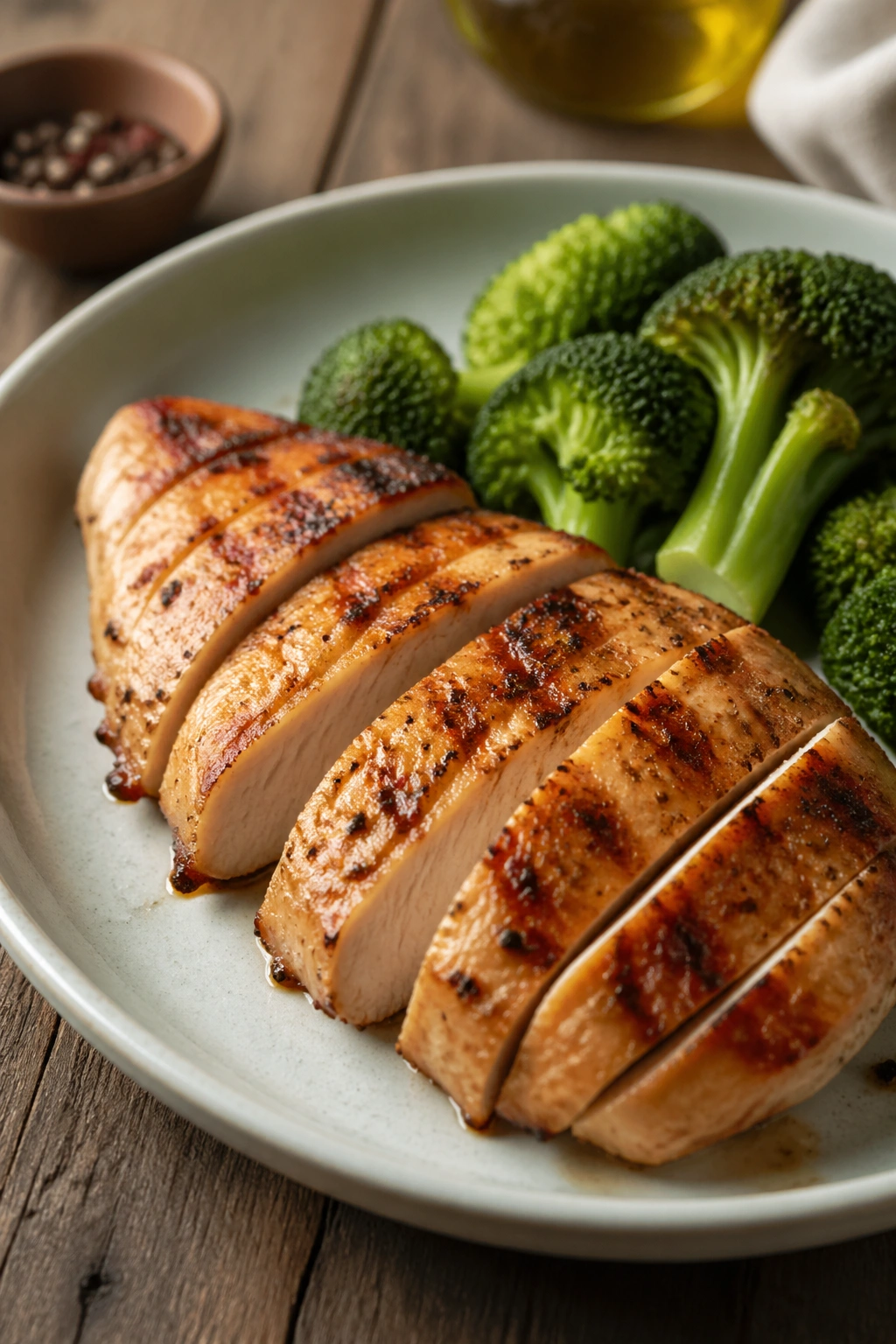 Plate dominated by a protein-rich main meal on a wooden table, highlighting protein portion
