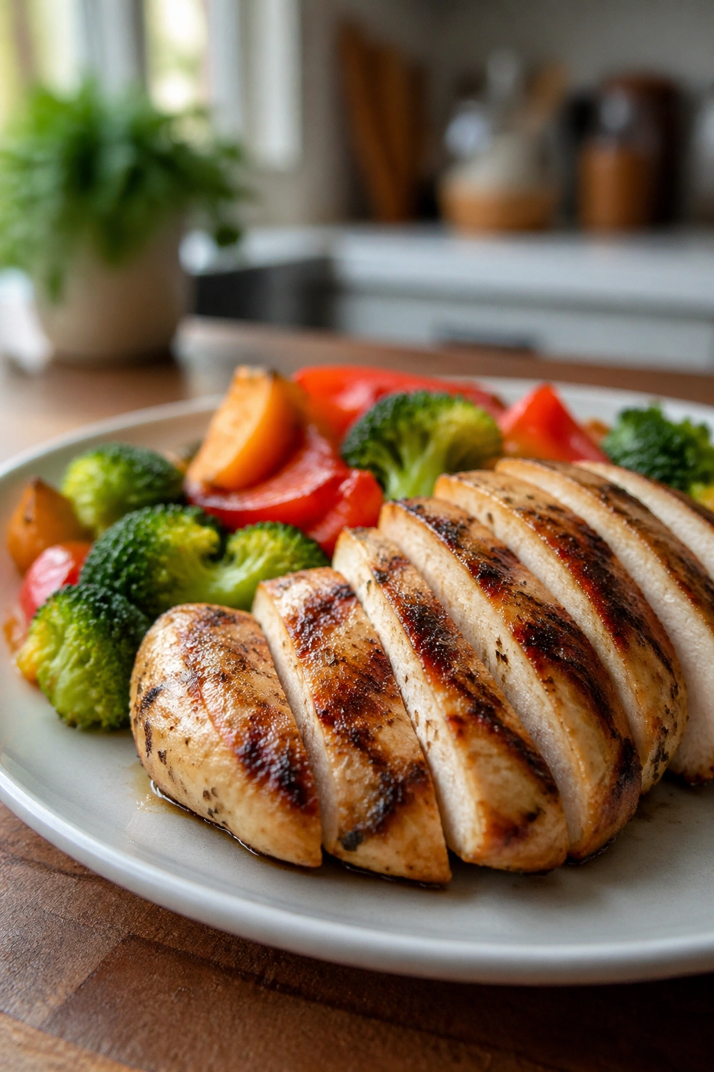 Close-up of a plate with a protein portion and vegetables in a kitchen