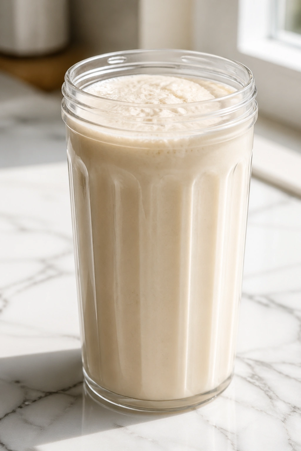 Tall glass of protein shake on a clean kitchen counter with soft light