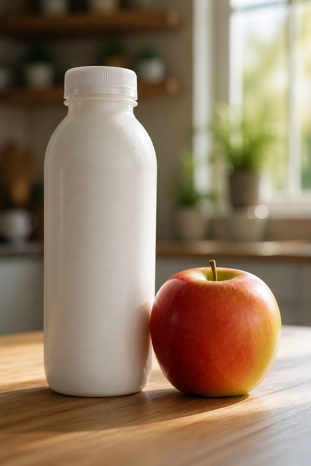 Close-up of an unlabeled white protein shake bottle with an apple on a wooden counter