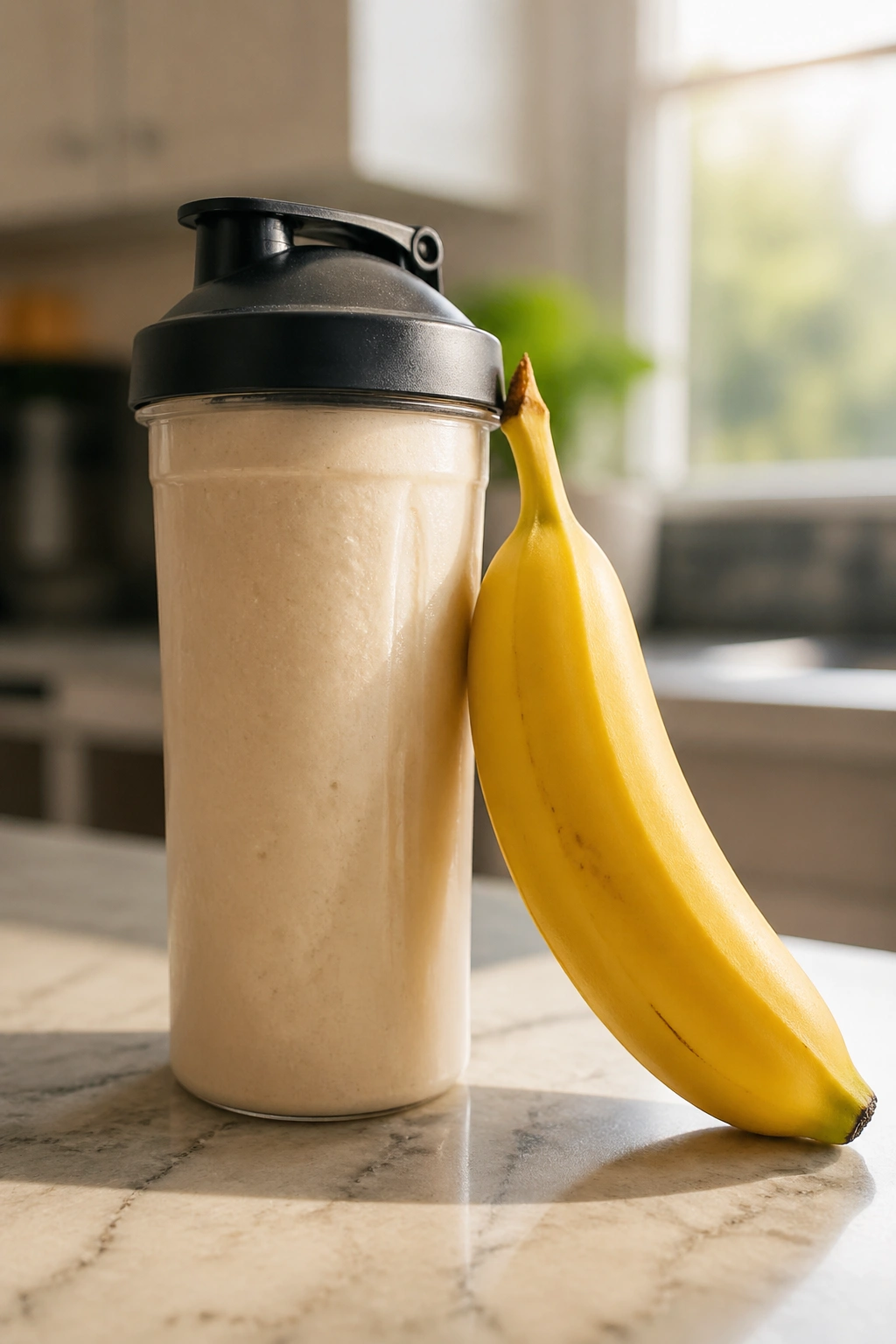 Protein shake and banana on kitchen counter