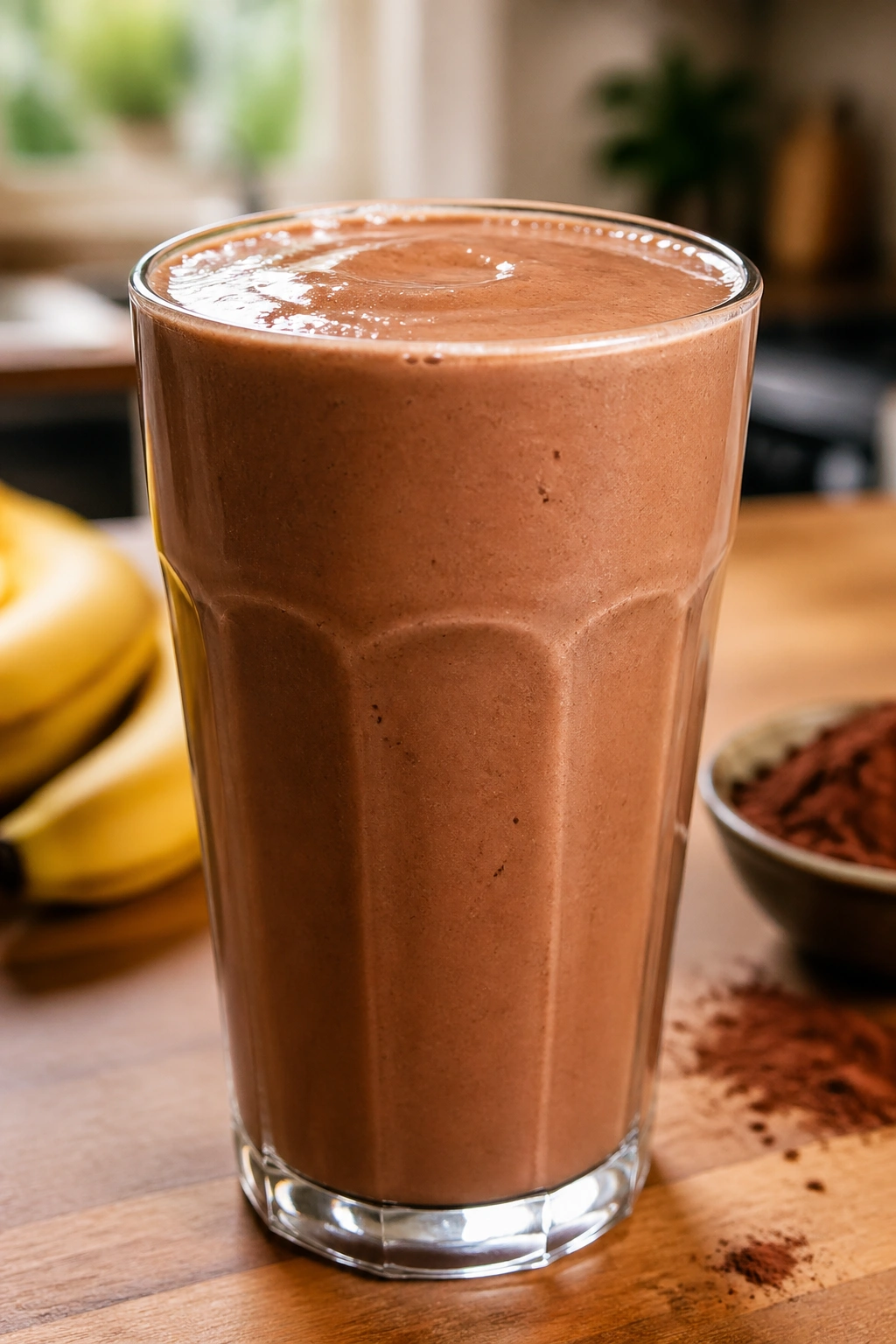 Close-up of a tall glass with cocoa banana protein shake on a wooden kitchen counter.