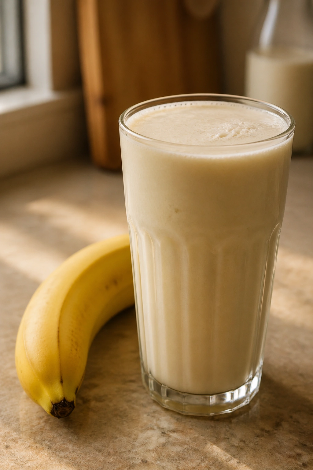 Close-up of a protein shake with a banana beside it on a counter