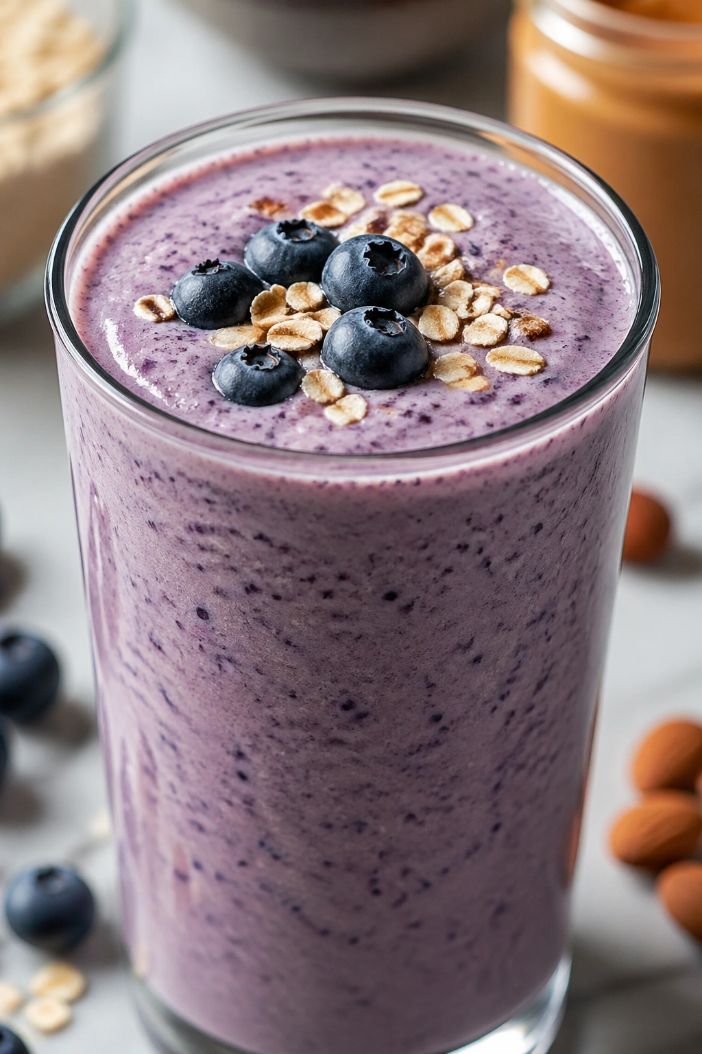 Close-up of Blueberry Almond Oat Blender Shake in a glass on a kitchen counter