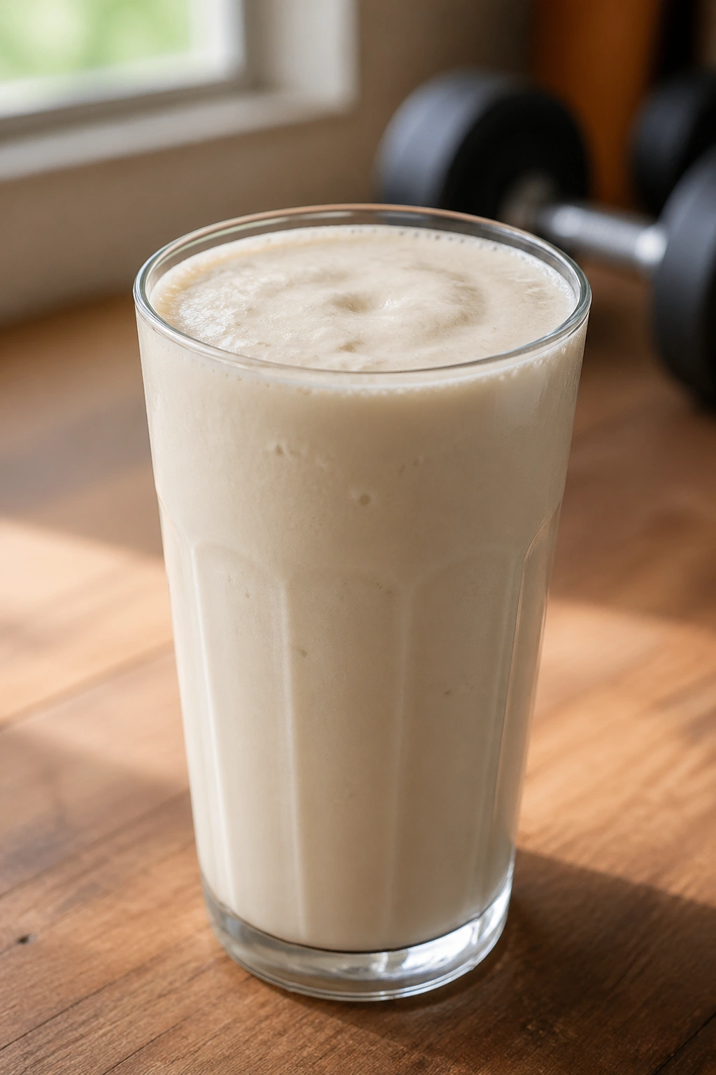 Close-up of a whey isolate shake in glass, post-workout protein snack, keto-friendly with minimal carbs