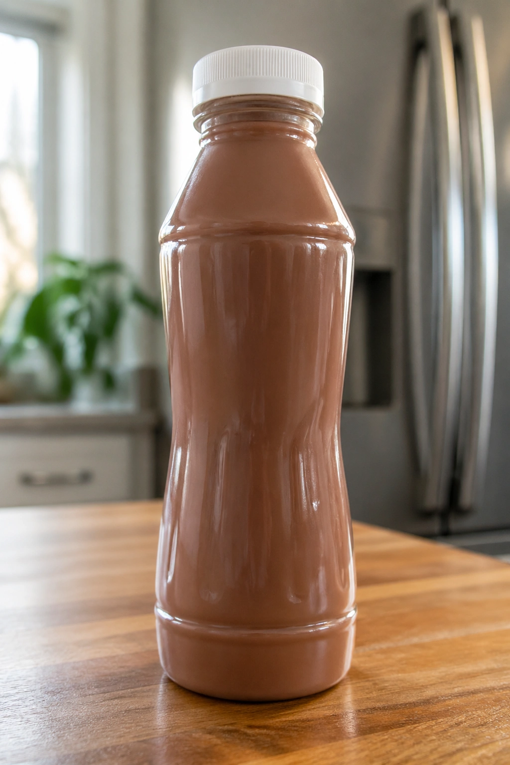 Close-up of a blank-label protein shake bottle on a kitchen counter