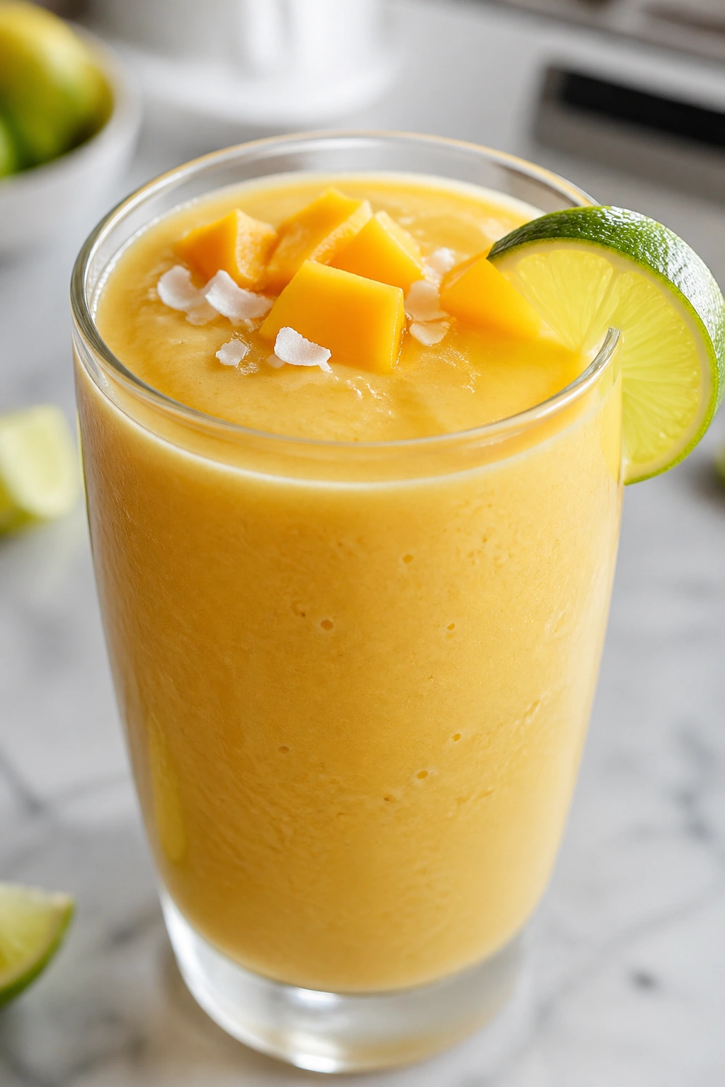 Close-up of Mango Coconut Lime Shake in a glass on a kitchen counter