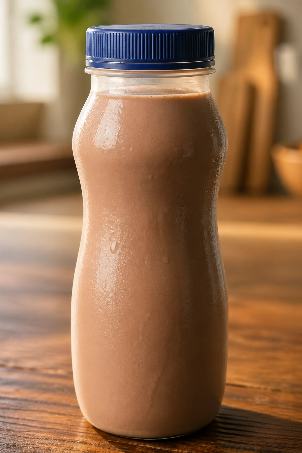 Close-up of an Ensure Max Protein Shake bottle on a kitchen counter