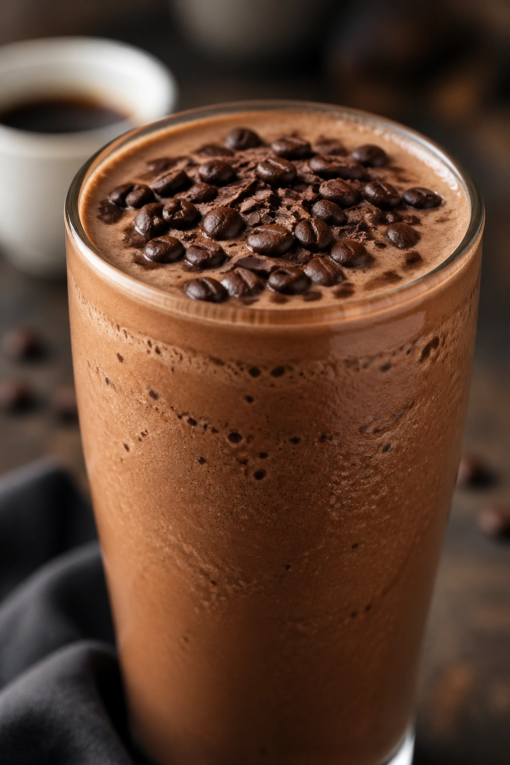 Close-up of Mocha Espresso Recovery Shake in a glass on a kitchen counter