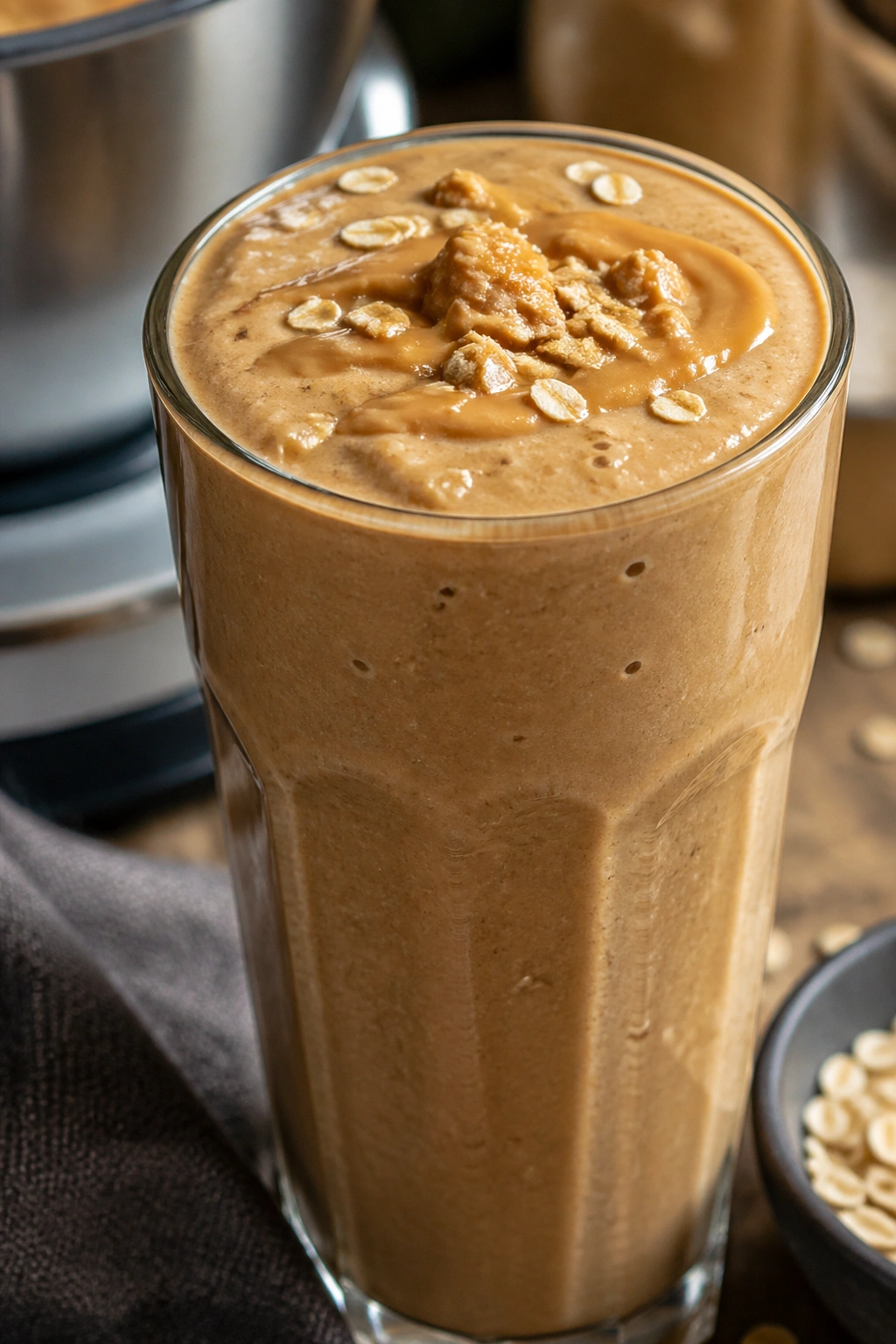 Close-up of Peanut Butter Oatmeal Blender Shake in a glass on a kitchen counter