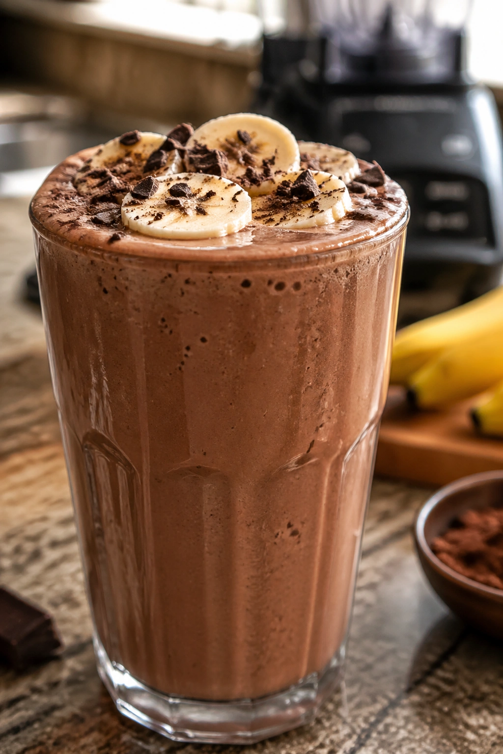 Close-up of Chocolate Banana Post-Workout Protein Shake in a glass on a kitchen counter