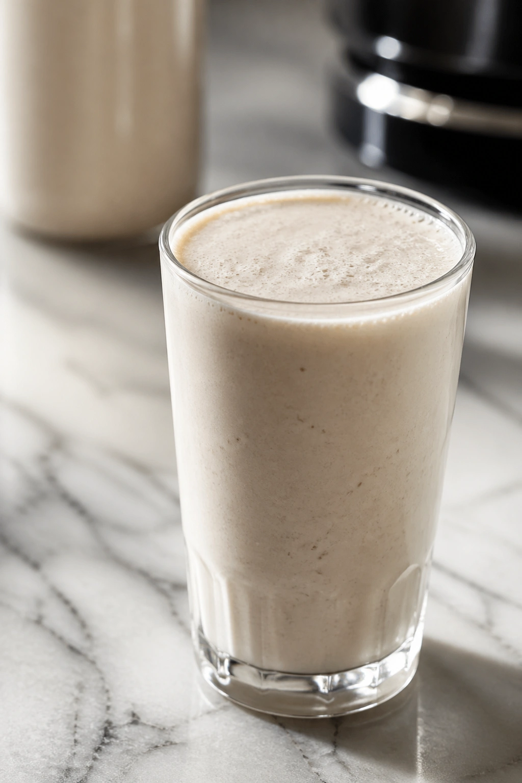 Glass of protein shake with minimal sugar on kitchen counter