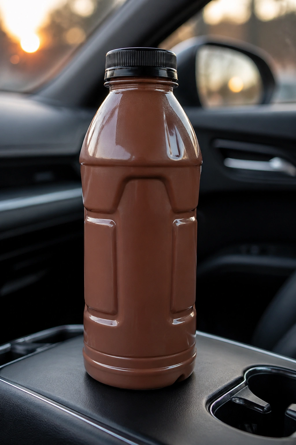 Close-up of a blank-label protein shake bottle on a car console