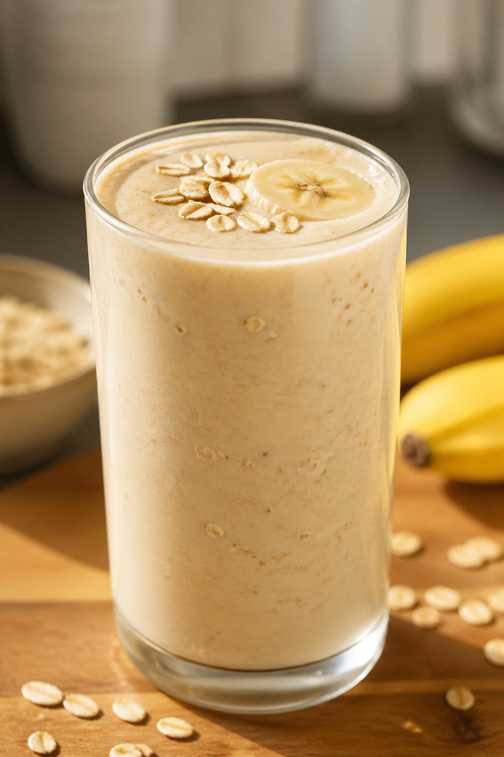 Close-up of a glass of protein smoothie with banana and oats on a warm kitchen counter