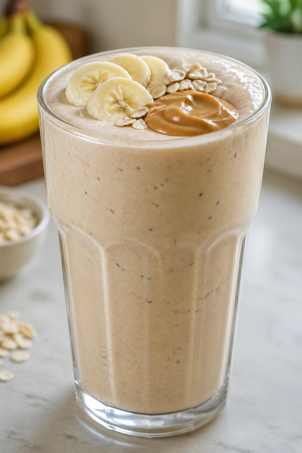Close-up of a tall glass of banana-oat-peanut butter smoothie on a kitchen counter