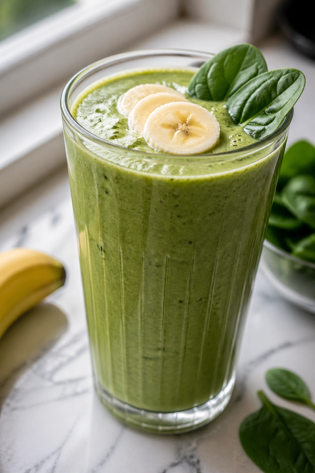 Glass of green banana spinach protein smoothie on a kitchen counter