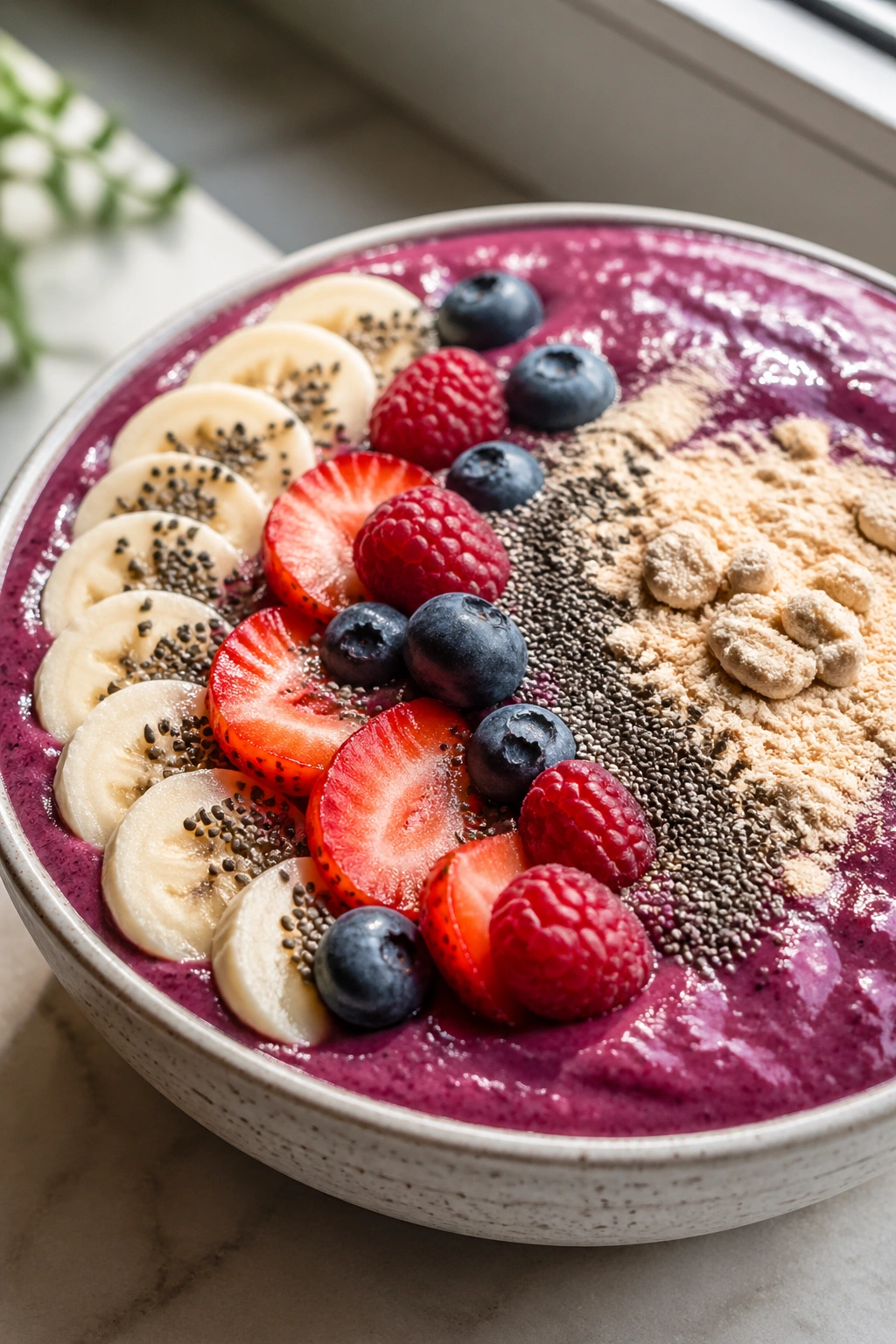 Thick smoothie bowl with chia seeds topping