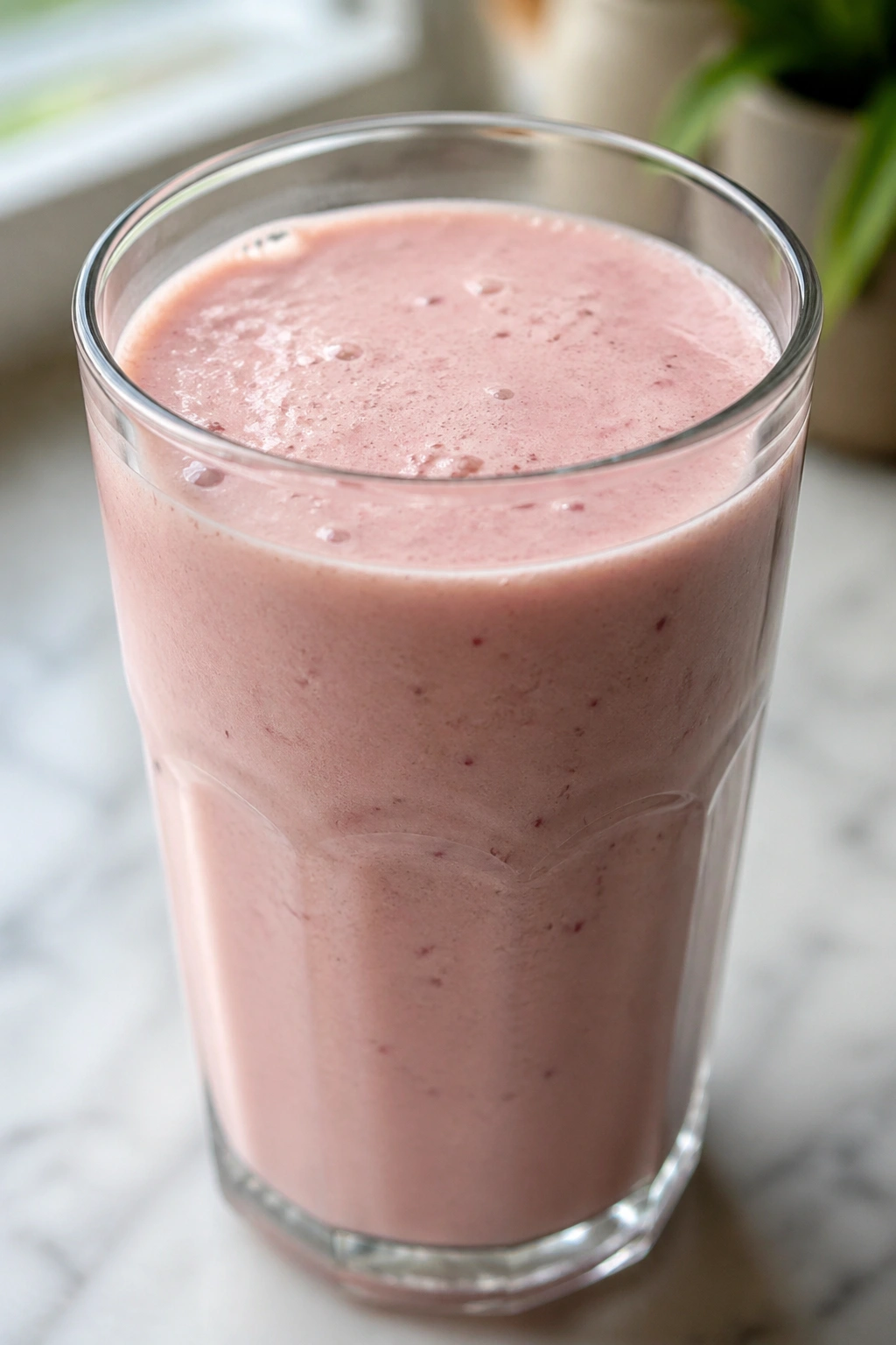 Close-up of protein smoothie in a tall glass on a kitchen counter