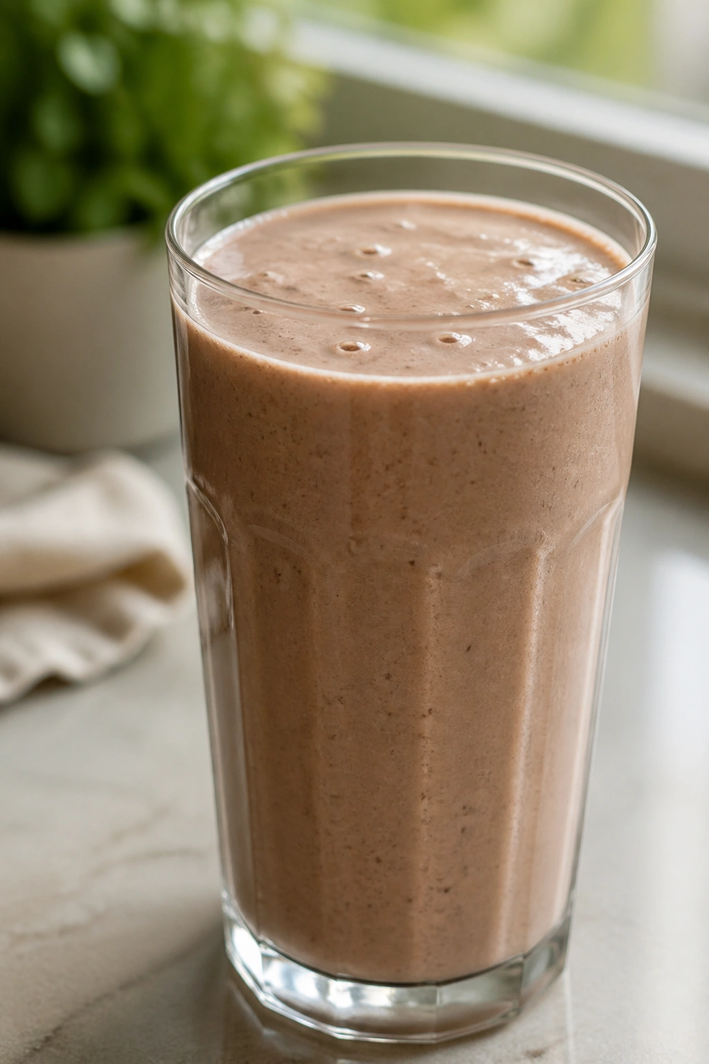 Close-up of a glass of protein smoothie on a kitchen counter