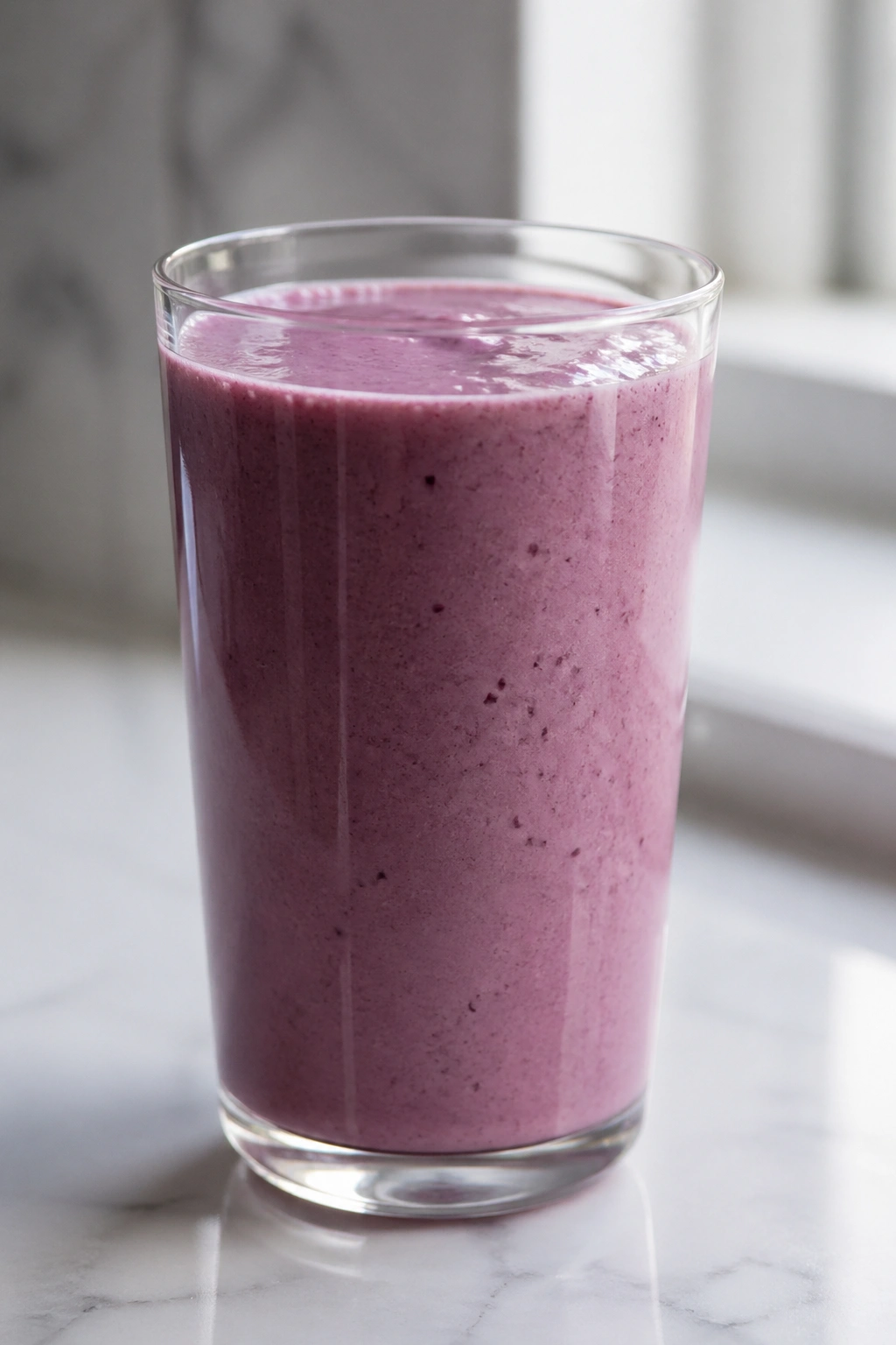 Thick protein smoothie in a glass on a kitchen counter