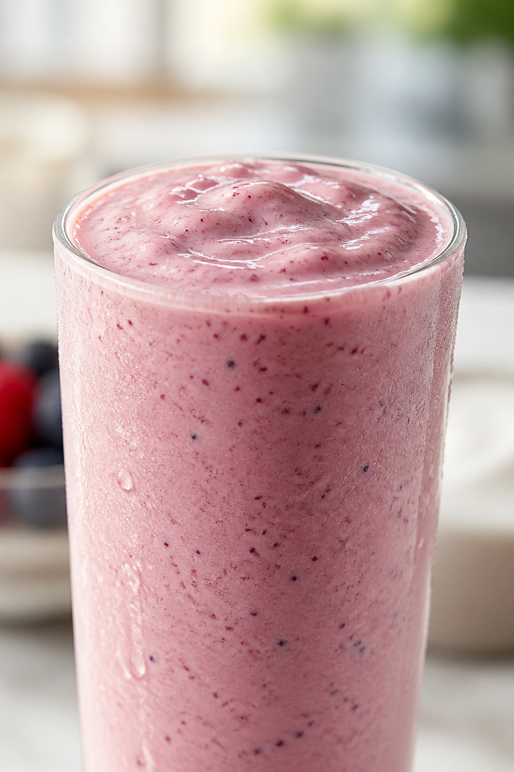 Close-up of a glass containing a thick Greek yogurt berry smoothie