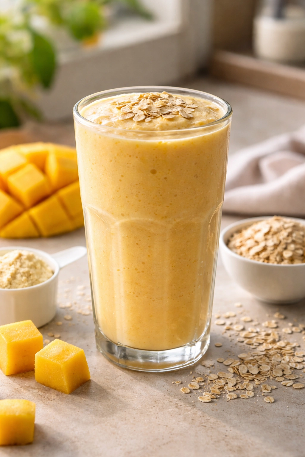 Tall glass of mango smoothie with oats on top on a kitchen counter.
